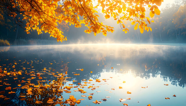 Autumnal Reflections: Serene lake in the embrace of a misty morning, surrounded by vibrant golden foliage, invites contemplation and tranquility.