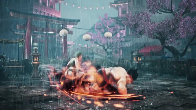 Player controls a hero with magic powers in a new computer combat game. Player defeated by a powerful enemy character in a combat challenge. Player losing a combat battle against powerful rival.