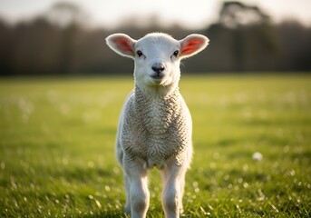 Obraz premium A cute white lamb stands in a vibrant green field under natural sunlight, looking directly at the viewer.