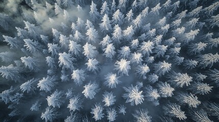 Aerial view of frosty pine trees in a winter forest.