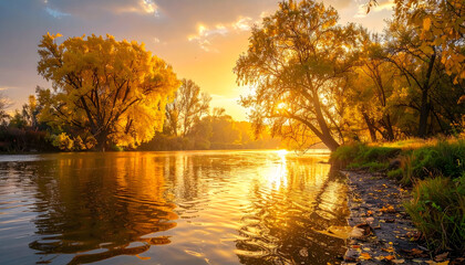 Obraz premium Golden River at Dusk: The radiant setting sun paints the sky and water with hues of gold and amber, as the river gracefully meanders through a landscape of majestic trees.