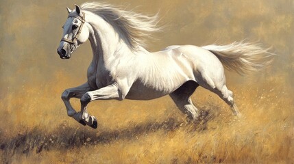 Obraz premium White horse running in field with golden grass; for use in artwork, wallpapers