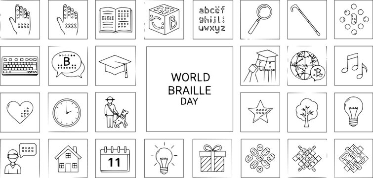 World Braille Day Doodle Icon Set: Hand-Drawn Symbols for Blindness Awareness, Education, Accessibility, Reading, and Visually Impaired Support - Powered by Adobe