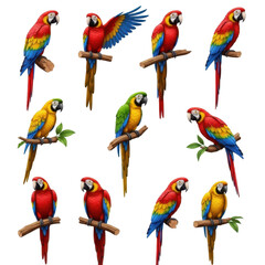 Collection of Colorful Macaw Parrots Perched on Branches 1.