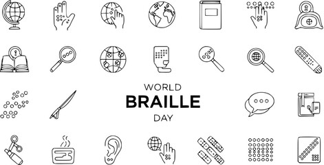 World Braille Day Line Art Icons: Set of detailed vector symbols for accessibility, education, global communication, and tactile reading, featuring braille dots, hands, globes, and books.