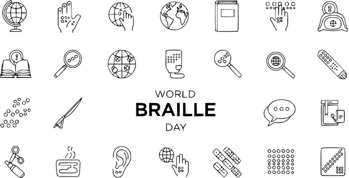 World Braille Day Line Art Icons: Set of detailed vector symbols for accessibility, education, global communication, and tactile reading, featuring braille dots, hands, globes, and books.