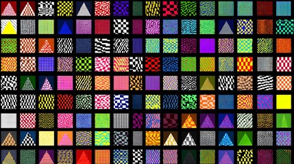 Diverse geometric patterns and triangles form a vibrant, abstract mosaic.