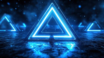 Abstract glowing triangles on dark stone floor