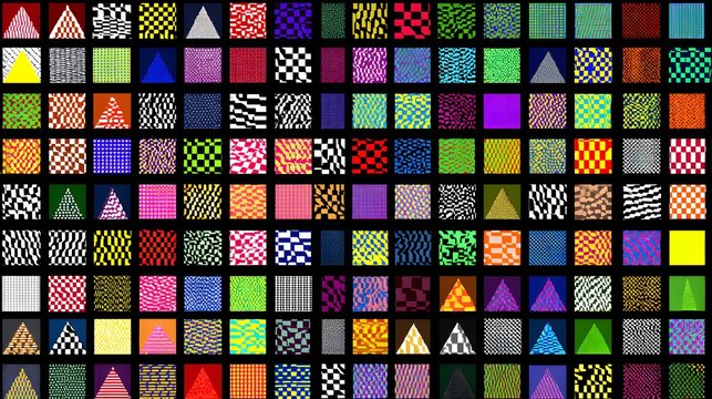 Diverse geometric patterns and triangles form a vibrant, abstract mosaic.