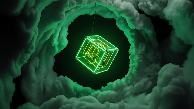 Futuristic luminous cube floats amidst soft clouds, an ethereal glow in modern design, perfect for technology, innovation, and surreal concepts