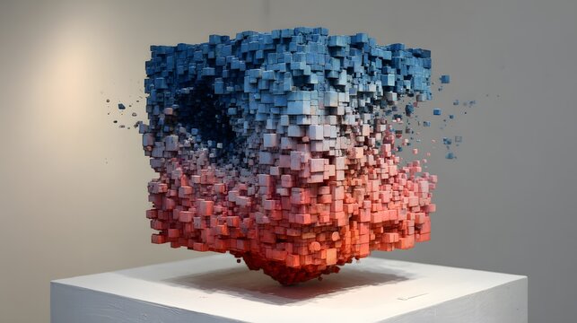 Abstract sculpture of dissolving cubes in blue and red tones.