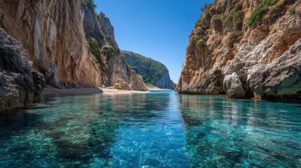 Crystal clear turquoise water between rocky cliffs on a sunny day in antalya.