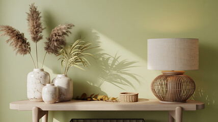 Elegant home decor featuring pampas grass in vases, woven basket, and a stylish lamp, perfect for adding a touch of modern sophistication to any interior
