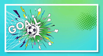 Pop art comic style football soccer goal, a dynamic sport illustration with explosion rays vector background