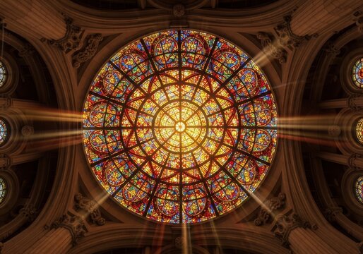 Magnificent Stained Glass Rose Window Bathed in Radiant Sunlight - Powered by Adobe