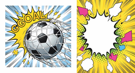 A dynamic football soccer goal in pop art comic style, a vibrant sport illustration for a poster banner