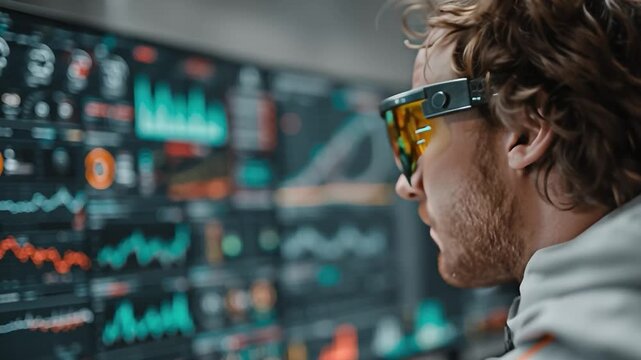 Tech-Enhanced Focus: A man intently studies a complex digital display while wearing augmented reality glasses, visualizing data in a futuristic setting, embracing technological advancement.