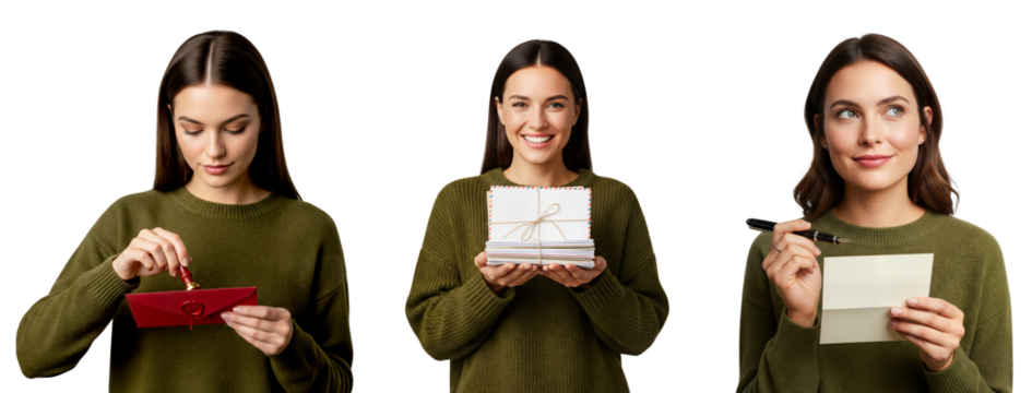 Christmas greeting card letter writing set with wax seal envelopes, greeting card set, Christmas card set, Isolated on transparent background, png