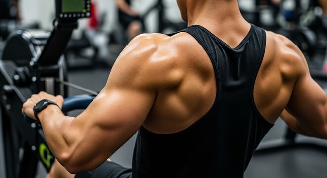 Muscular man intensely working out on a rowing machine in a modern gym
