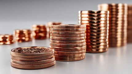 Polished copper coin stacks growing in height on a light surface