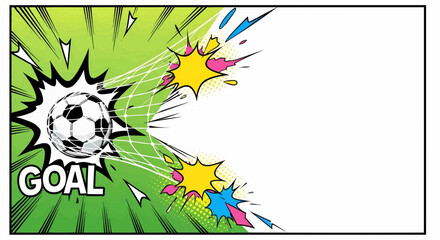 Football soccer goal pop art comic style. Dynamic sport illustration vector background with retro rays