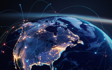 Global network connections across planet earth at night satellite
