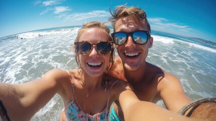 A happy couple smiles widely as they take a selfie on a bright sunny day at the beach.