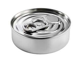 Silver Metal Canned Food Tin with Pull Tab on white background. 