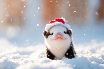 Pygmy Killer Whale wearing Santa hat in snowy yard small cetacean winter scene