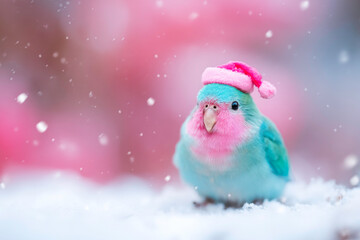 Obraz premium Quetzal wearing Santa hat on snowy ground colorful tropical bird winter concept