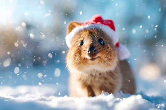 Quokka wearing Santa hat in snowy yard smiling marsupial winter holiday scene