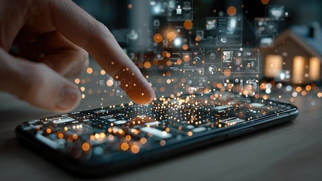 Digital Exploration: A close-up shot of a finger interacting with a smartphone screen, triggering a cascade of digital elements that symbolize a world of limitless information.