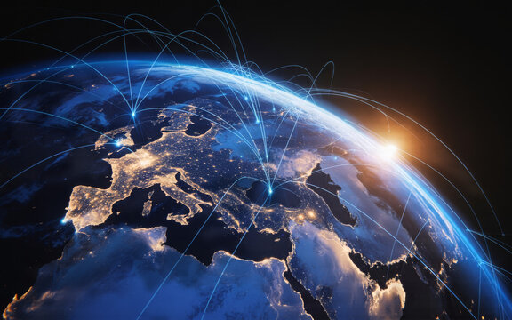 Global network connections spanning across the earth at night satellite