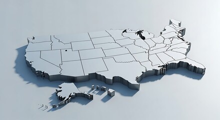 Metallic Silver 3D Map of the United States with Shadow