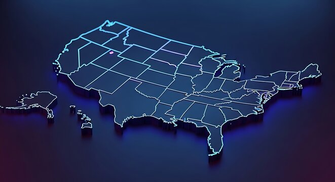 Isometric 3D Map of the United States with Blue Neon Glow