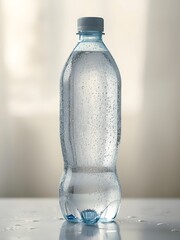 Clear mineral water bottle with soft bokeh background.