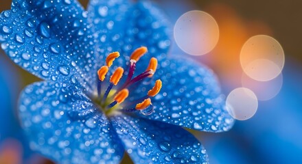Close up of a vibrant blue flower with dew drops and soft bokeh lights in the background