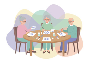 Seniors enjoying a creative painting hobby together at a table Healthy aging community art class