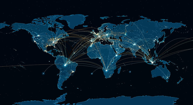 World map showing global connections network of light points representing data flow and communication worldwide connectivity concept