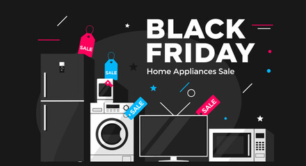 Black Friday Home Appliances Sale banner with refrigerator TV washer and microwave graphic illustration