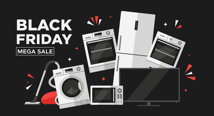 Black Friday Mega Sale featuring household appliances like a fridge oven TV and washer