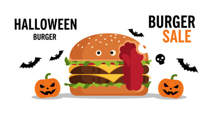 Spooky Halloween burger sale advertisement with cartoon burger pumpkins bats and skull Perfect for promotions