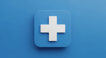 Medical cross symbol 3d render blue square button healthcare concept