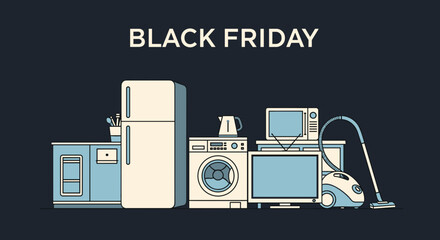 Black Friday sale banner featuring illustration of various household appliances and electronics