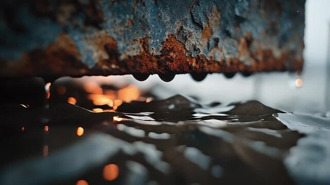 Raindrop and Rusty: Close-up of raindrops cascading from a weathered, rusted metal beam, its rough texture and rich tones contrasting with the glistening droplets and reflecting surface.