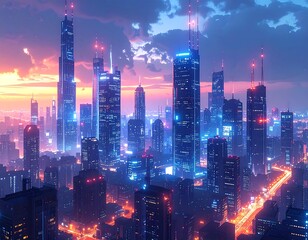 Fototapeta premium A futuristic cityscape glows with neon lights under a colorful sunset