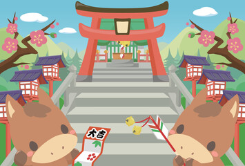 午年　年賀素材　2026年　初詣に行く午のテンプレート2　文字無し