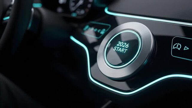 Future forward thinking driver activates smart technology in advanced vehicle cockpit dashboard