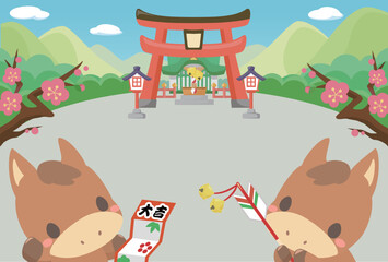 午年　年賀素材　2026年　初詣に行く午のテンプレート　文字無し