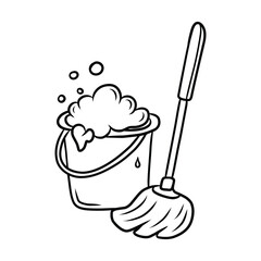 Hand Drawn Mop and Bucket with Soap Suds Doodle Illustration